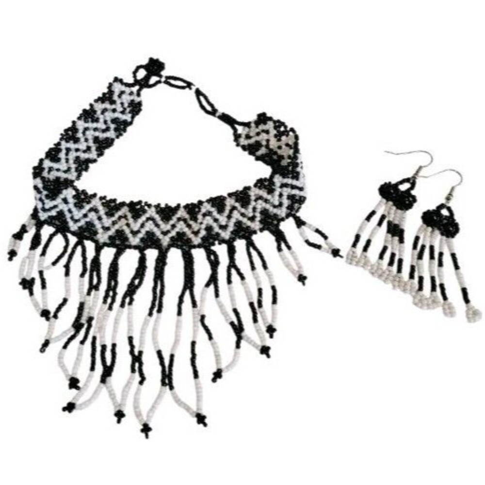 Black & White Seed Bead Woven Choker Fringe Necklace  Dangle Earring Set